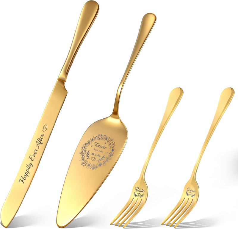 kingump 4 Piece Wedding Cake Cutting Set, Knife and Server with Forks, Elegant Wedding Cake Knife and Server Set for Bride and Groom(Gold) - Image 1